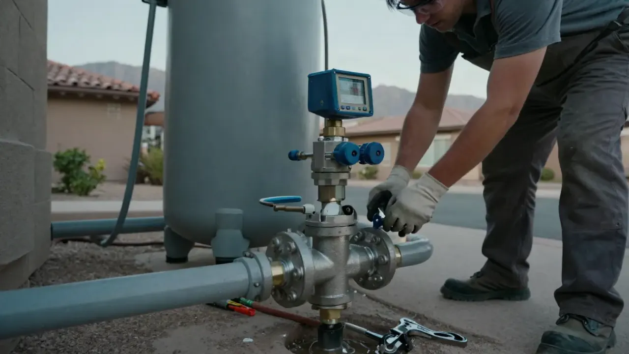 Water Softener in Queen Creek, Arizona: close-up of the pristine, newly installed bypass valve and control head of a water