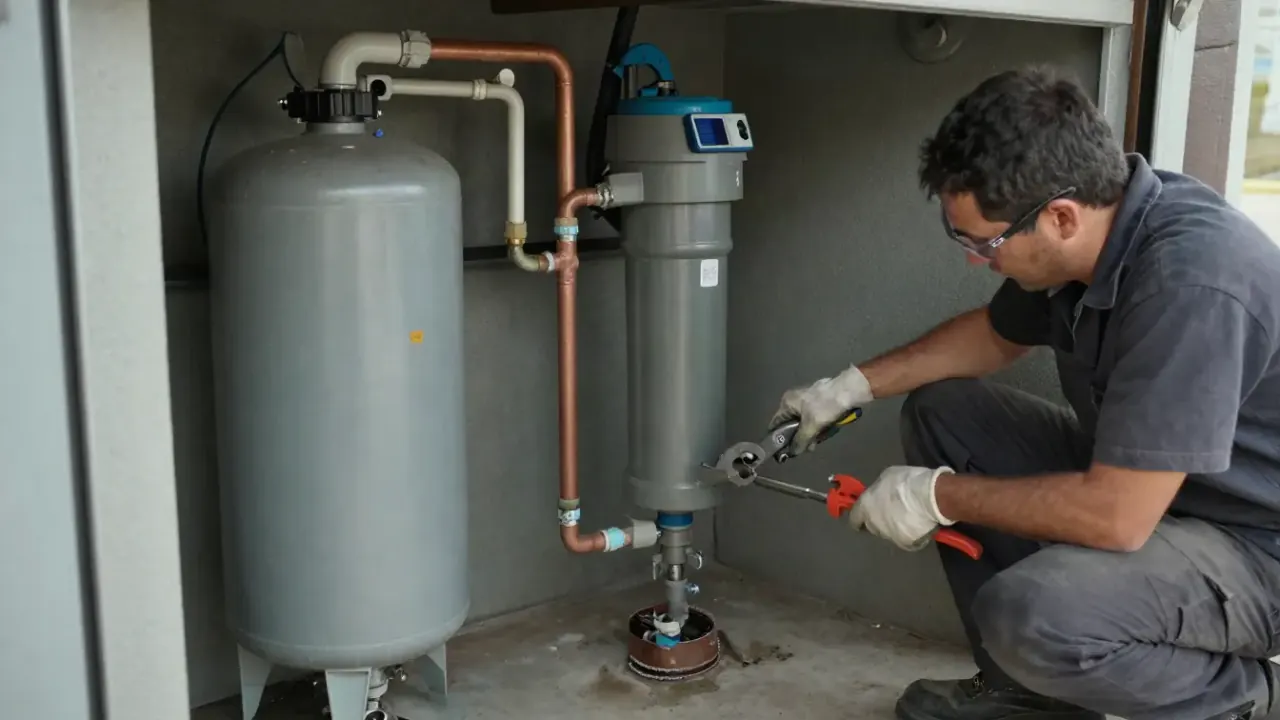 Water Softener in Queen Creek, Arizona: water treatment technician using a pipe cutter to precisely cut a copper pipe in a
