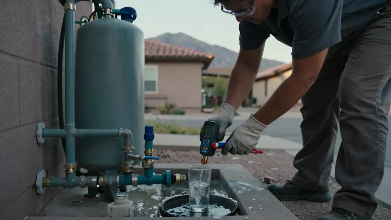 Water Hardness Testing in Queen Creek, Arizona: water treatment technician using a digital TDS meter to measure the total